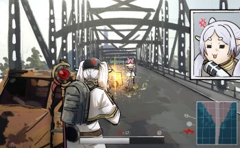 2girls :3 =_= anger_vein aura_(sousou_no_frieren) aura_bullying_(meme) backpack bag bridge capelet car commentary contemporary demon_girl demon_horns english_commentary frieren from_behind heads-up_display helmet highres holding holding_weapon horns livestream mage_staff meme microphone minimap motor_vehicle multiple_girls ononotsu pewdiepie's_pubg_livestream_n-word_controversy_(meme) playerunknown's_battlegrounds purple_hair running sousou_no_frieren staff twintails upper_body user_interface weapon white_capelet white_hair