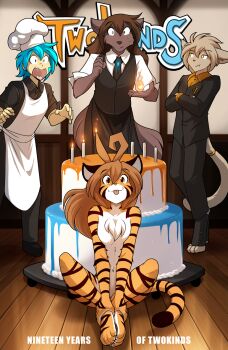 1girl 3boys ahoge alternate_costume animal_ears animal_feet anniversary apron black_suit blue_hair breasts brown_hair cake candle chef_hat completely_nude digitigrade english_text fire flora_(twokinds) fluffy food formal_clothes furry furry_female furry_male hat heterochromia highres huge_ahoge keith_keiser long_hair looking_at_viewer multiple_boys natani nude official_art orange_eyes orange_hair pyrokinesis short_hair sitting small_breasts suit tail tiger_ears tiger_girl tiger_tail tom_fischbach tongue tongue_out trace_legacy twokinds white_apron wolf_boy wolf_ears yellow_eyes