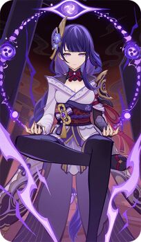 Rule 34 | 1girl, bad source, black thighhighs, blunt bangs, braid, bridal gauntlets, closed mouth, flower, game cg, genshin impact, hair ornament, japanese clothes, kimono, long braid, long hair, long sleeves, looking at viewer, low-braided long hair, low-tied long hair, mole, mole under eye, obi, official art, purple eyes, purple flower, purple hair, purple kimono, purple nails, raiden shogun, sandals, sash, sitting, solo, thighhighs