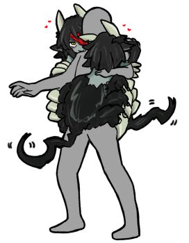 1boy 2girls animal_ears animal_hands arachne arthropod_girl claws colored_skin cow_ears eyepatch faceless faceless_male fewer_digits fluffy full_body green_skin heart hug insect_girl latenight mini_person minigirl monster_girl monster_girl_encyclopedia multiple_girls multiple_legs one_eye_covered spider_girl taur ushi-oni_(monster_girl_encyclopedia)