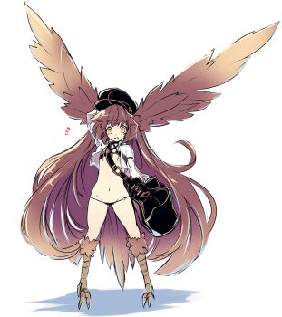 1girl ahoge animal_feet bag bandeau bird_legs bird_tail bird_wings black_hat brown_hair brown_wings commentary_request digitigrade feathered_wings feathers flat_chest gluteal_fold groin half-harpy halterneck hand_on_own_head hat head_wings highres hisui_(syarute) large_hat large_head_wings long_hair looking_at_viewer messenger_bag monster_girl navel notice_lines o-ring o-ring_bottom o-ring_top open_mouth original see-through_clothes see-through_shirt shirt shoulder_bag simple_background solo tail talons thick_thighs thighs underwear white_background wings yellow_eyes