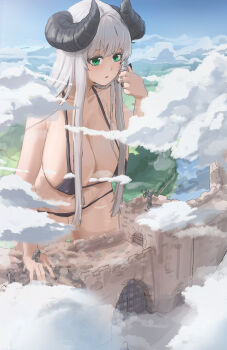 1girl 4boys armor bikini black_bikini black_nails blush breasts cloud cow_illustrator demon_girl expressionless gate giant giantess green_eyes highres holding holding_person horns huge_breasts leaning_forward long_hair looking_at_another multiple_boys nail_polish original outdoors parted_lips standing swimsuit thick_thighs thighs wall white_hair