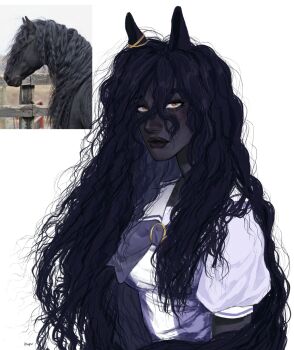 1girl aegyo_sal animal animal_ears arms_at_sides black_hair black_horse bow bowtie brooch closed_mouth commentary creature_and_personification dark-skinned_female dark_skin double-parted_bangs ear_ornament english_commentary eyelashes hair_between_eyes highres horse horse_ears horse_girl jewelry kzupu lips long_hair long_hair_between_eyes looking_at_viewer mole mole_under_eye mole_under_mouth multiple_moles narrowed_eyes nose orange_eyes original personification photo_inset puffy_short_sleeves puffy_sleeves purple_bow purple_bowtie purple_shirt realistic reference_inset school_uniform shirt short_sleeves simple_background solo summer_uniform tracen_school_uniform umamusume upper_body very_dark_skin very_long_hair wavy_hair white_background