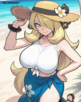 1girl ai-assisted alternate_costume bare_shoulders beach black_eyes blonde_hair blue_eyes blush bracelet breasts cleavage cloud collarbone curvy cynthia_(pokemon) day floral_print floral_print_skirt flower hair_ornament hair_over_one_eye hand_on_own_hip hat jewelry large_breasts long_hair looking_at_viewer navel nintendo ocean official_alternate_costume palm_tree pokemon pokemon_dppt print_skirt sand sarong shadow skirt sky smile solo standing straw_hat sun_hat sun_hat_ornament swimsuit thick_thighs thighs tree very_long_hair ylvanne