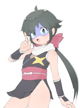 1girl ahoge arm_guards azumaya_koyuki bare_shoulders black_kimono blush bow commentary_request dora-2000 dot_nose fishnet_fabric green_eyes hair_between_eyes hair_bow hair_flaps hand_up highres japanese_clothes keroro_gunsou kimono kuji-in looking_at_viewer ninja obi obijime open_mouth ponytail red_bow sash scarf short_kimono sidelocks simple_background sleeveless solo wavy_mouth white_background white_scarf