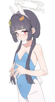 1girl absurdres alternate_costume alternate_hairstyle animal_ears bare_shoulders black_hair blue_archive blue_leotard blush breasts covered_navel fake_animal_ears halo hashtag-only_commentary highres leaf leaf_on_head leotard long_hair looking_at_viewer low_twintails miyu_(blue_archive) pantyhose rabbit_ears rabbit_tail ramuri red_eyes simple_background small_breasts solo strapless strapless_leotard tail twintails white_background white_halo white_pantyhose