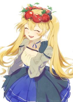 1girl :d ^_^ artist_name black_gloves black_skirt blonde_hair blue_choker blue_ribbon blue_skirt blush choker closed_eyes collarbone commentary cropped_jacket darkgreyclouds dokibird dokibird_(retro_doki) dokibird_(tomato) earrings english_commentary eyelashes fingerless_gloves flower gem gloves grey_jacket hair_between_eyes hand_up head_wreath high-waist_skirt highres indie_virtual_youtuber jacket jewelry long_hair long_sleeves open_clothes open_jacket open_mouth puffy_long_sleeves puffy_sleeves red_gemstone ribbon ribbon_choker shirt sidelocks simple_background single_earring skirt smile solo star_(symbol) star_choker teeth tomato twintails twitter_username upper_teeth_only very_long_hair virtual_youtuber white_background white_shirt yellow_flower