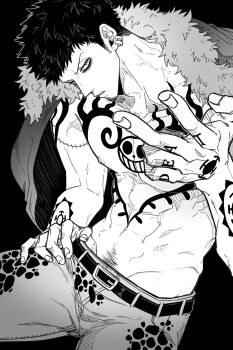 1boy abs arm_tattoo arm_up belt belt_buckle black_background buckle cape chest_tattoo dd_whitt earrings facial_hair finger_tattoo fur-trimmed_cape fur_trim goatee greyscale groin hand_tattoo highres jewelry looking_at_viewer male_focus medium_sideburns monochrome multiple_tattoos nipples one_piece pants parted_lips pectorals piercing scar scar_on_arm short_hair simple_background solo tattoo toned toned_male topless_male trafalgar_law