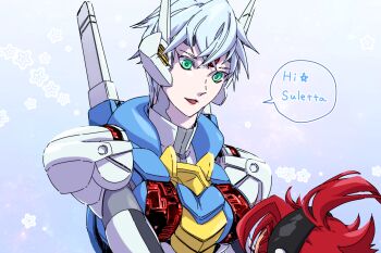 Rule 34 | 2girls, 8823, aqua eyes, black hairband, blue hair, breasts, gundam, gundam aerial, gundam suisei no majo, hairband, humanization, looking down, mecha musume, medium breasts, multiple girls, red hair, short hair, smile, solo focus, speech bubble, suletta mercury