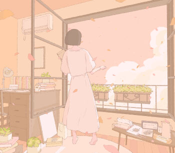1girl bag barefoot bob_cut book bookmark carton chair cloud coffee_mug commentary_request cup desk desk_lamp dress falling_leaves from_behind full_body highres holding holding_bag indoors lamp leaf limited_palette long_dress ma_(mamamauuuuu) mirror mug open_book open_window orange_theme original paper paper_bag pile_of_books pitcher_(container) plant potted_plant rug short_hair short_sleeves sky slice_of_life solo table warm_colored window wooden_floor wristband