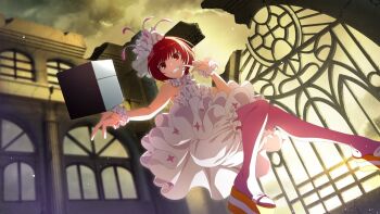 1girl artist_request bloomers bob_cut box breasts building church cleavage cloud detached_collar dion_fortune dress finger_to_face floating flower foot_out_of_frame frilled_cuffs frilled_dress frills full_body game_cg grin hair_flower hair_ornament medium_breasts official_art pantyhose pink_pantyhose platform_sandals red_eyes red_hair ruins sandals short_dress short_hair sky sleeveless sleeveless_dress smile solo standing teeth toaru_majutsu_no_index toaru_majutsu_no_index:_imaginary_fest toaru_majutsu_no_index:_new_testament twilight underwear veil white_bloomers white_dress white_veil
