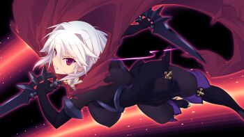 1girl arisia_hellioxenes bodysuit boots breasts cape covered_erect_nipples dagger dual_wielding elbow_gloves game_cg gloves holding knife kourin_tenshi_en_ciel_rena large_breasts large_variant_set non-web_source official_art pantyhose purple_eyes red_eyes reverse_grip saitou_natsuki short_hair solo suhamaya teeth thigh_boots thighhighs variant_set weapon white_hair