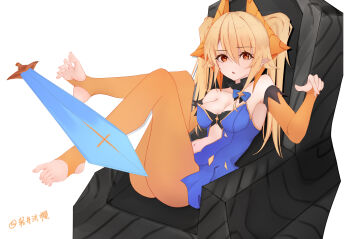 1girl absurdres artist_name blonde_hair breasts bridal_gauntlets chinese_commentary cleavage commentary_request detached_sleeves genderswap genderswap_(mtf) hair_between_eyes highres legs long_hair looking_at_viewer medium_breasts navel on_throne orange_eyes orange_pantyhose pantyhose parted_lips pointy_ears qing_jingze_ying_official simple_background sitting slay_the_spire slay_the_spire_2 soles solo sovereign_blade stirrup_legwear the_regent_(slay_the_spire) throne toeless_legwear toes twintails white_background