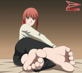 Rule 34 | ass, ass focus, barefoot, braid, braided ponytail, chainsaw man, foot focus, full body, kacique, lying, makima (chainsaw man), office lady, on side, pants, red hair, ringed eyes, shirt, sidelocks, simple background, smile, soles, toenails, toes, white shirt, yellow eyes
