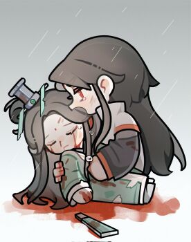 Rule 34 | 2boys, arm around shoulder, bindi, black hair, black hanfu, blood, blood from mouth, blood on clothes, blood on hands, blood on object, blood stain, bloody tears, chibi, chibi only, chinese clothes, closed eyes, closed mouth, coat, collared coat, corpse, crying, crying with eyes open, curtained hair, gradient background, green hanfu, grey background, half updo, hand fan, hanfu, hashtag-only commentary, highres, layered sleeves, long hair, long sleeves, looking at another, luo binghe, male focus, multiple boys, open mouth, paper fan, parted bangs, rain, red eyes, renzha fanpai zijiu xitong, ribboned xiao guan, scene reference, shen qingqiu, spoilers, tears, torn hanfu, torn ribbon, very long hair, white background, white coat, wolf cut, zorenbigmalo, zuiyin