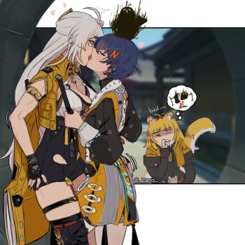 3girls absurdres animal animal_ear_fluff animal_ears animal_on_head armlet belle_(delicate_sunlight)_(zenless_zone_zero) belle_(zenless_zone_zero) bird bird_on_head black_bird black_gloves black_nails black_thighhighs black_unitard blue_hair breast_press breasts chinese_clothes cleavage closed_eyes colored_inner_hair commentary dress dress_over_shirt english_commentary fingernails french_kiss gloves hair_ornament highres jacket jewelry ju_fufu kiss large_breasts leg_between_thighs letter_hair_ornament long_hair looking_at_another motion_lines multicolored_hair multiple_girls official_alternate_costume on_head orange_dress short_hair skindentation speech_bubble striped_fur striped_hair tail thighhighs thought_bubble tiger_ears tiger_girl tiger_stripes tiger_tail tongue white_hair yellow_eyes yellow_jacket yin_yang_pin yixuan_(zenless_zone_zero) yuri zanqi zenless_zone_zero