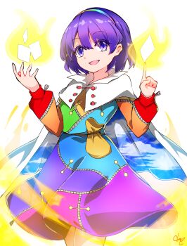 1girl aura cape card cloak cowboy_shot dress dume_(kandume) hairband highres miniskirt multicolored_dress multicolored_hairband open_mouth patchwork_clothes pink_hair pointing pointing_up purple_eyes rainbow_gradient red_button short_hair simple_background skirt sky_print tenkyuu_chimata torn_cape torn_clothes touhou two-sided_cape two-sided_fabric white_background white_cape white_cloak zipper