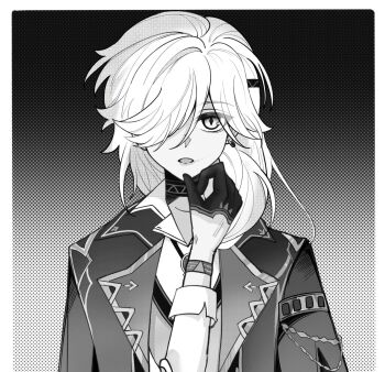 Rule 34 | 1boy, cyno (duolingo) (genshin impact), cyno (genshin impact), dark-skinned male, dark skin, genshin impact, gloves, greyscale, hair over one eye, hand up, highres, long hair, looking at viewer, male focus, monochrome, open mouth, simple background, white hair