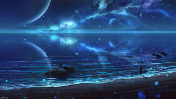 Rule 34 | 1other, blue theme, commission, from behind, full moon, landscape, light particles, moon, nebula, night, ocean, original, painterly, reflection, reflective liquid, rock, sand, shore, signature, sky, star (sky), starry sky, water, waves, wopgnop