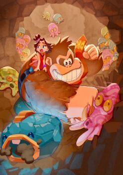 1boy 1girl bare_arms blue_overalls blue_pants brown_fur brown_hair child donkey_kong donkey_kong_(series) donkey_kong_bananza eeling_(donkey_kong) forehead freckles grin hair_ornament hair_scrunchie highres monyorun necktie nintendo open_mouth overalls pants pauline_(mario) pauline_(young)_(mario) peekaboopoid punching purple_scrunchie red_necktie red_shirt scrunchie shirt short_hair sleeveless sleeveless_shirt smile surprised sweatdrop teeth thick_arms topknot upper_teeth_only wrist_scrunchie