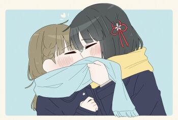 Rule 34 | 2girls, blue background, blue coat, blue scarf, blush, border, braid, brown hair, center-flap bangs, closed eyes, coat, commentary, enpera, flower, flower knot, hair flower, hair ornament, hashtag-only commentary, hasu no sora school uniform, heart, highres, kachimachi kosuzu, kiss, link! like! love live!, long sleeves, love live!, momose ginko, multiple girls, outside border, pink flower, scarf, school uniform, side braids, simple background, virtual youtuber, white border, winter clothes, winter coat, winter uniform, yellow scarf, yuri, zueka27