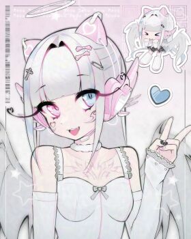 1girl :3 :d adversarial_noise animal_ear_headphones animal_ears ariimaw arm_at_side artist_self-insert bare_shoulders black_nails blue_eyes blunt_bangs bow bow_camisole camisole cat_ear_headphones cat_ears cheek_tattoo chest_tattoo chibi chibi_inset choker commentary cross_hair_ornament detached_sleeves english_commentary fake_animal_ears fang frilled_sleeves frills gradient_background grey_background grey_bow grey_hair hair_bow hair_intakes hair_ornament halo hand_up headphones headset heart heart_in_eye heart_tattoo heterochromia highres inset_border long_hair long_sleeves looking_at_viewer multicolored_nails nail_polish open_mouth original painttool_sai_(medium) pink_background pink_bow pink_eyes pink_nails safety_pin_hair_ornament simple_background sleeves_past_wrists smile solo straight_hair symbol_in_eye tattoo teeth upper_body upper_teeth_only v white_camisole white_choker white_halo white_sleeves white_wings wings