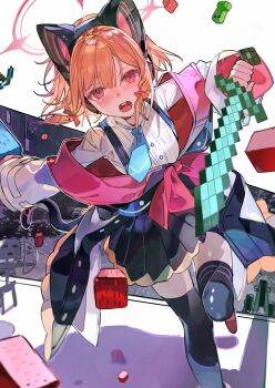 1girl absurdres animal_ear_headphones animal_ears black_thighhighs block_(minecraft) blue_archive blue_necktie cat_ear_headphones cat_ears commentary_request fake_animal_ears fake_tail halo headphones highres holding holding_sword holding_weapon low-tied_sidelocks minecraft minecraft_sword momoi_(blue_archive) necktie partially_open_jacket pink_halo poxiao_buff shirt sidelocks solo sword tail thighhighs weapon white_shirt