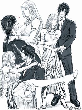 Rule 34 | 1boy, 1girl, arms around neck, bare shoulders, bead bracelet, beads, beard stubble, black jacket, black pants, black shoes, black suit, bracelet, braid, breasts, carrying, center opening, clive rosfield, closed eyes, collared shirt, commentary request, couple, dress, elbow gloves, facial hair, final fantasy, final fantasy xvi, formal clothes, full body, gloves, hair between eyes, halter dress, halterneck, hetero, horoq3, jacket, jewelry, jill warrick, long dress, long hair, looking at another, low-tied long hair, medium breasts, multiple views, necktie, pants, parted lips, princess carry, scar, scar on face, shirt, shoes, short hair, side braid, sketch, smile, stubble, suit, suit jacket, twitter username, white background, white dress, white necktie, white shirt, white shoes