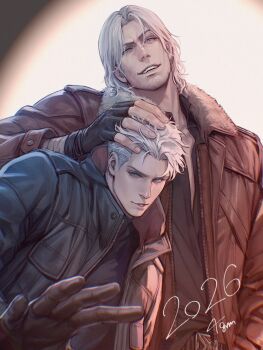 black_shirt blue_eyes breast_pocket coat commentary_request dante_(devil_may_cry) devil_may_cry_(series) facial_hair jacket left-handed long_sleeves looking_at_viewer male_focus nero_(devil_may_cry) open_clothes open_coat open_jacket parted_hair pocket red_coat red_jacket shirt t4gamo unzipped upper_body white_hair zipper