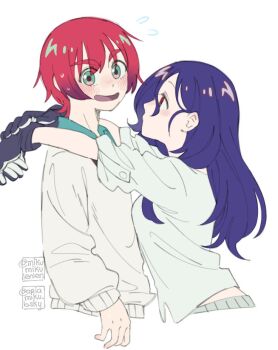 1boy 1girl amate_yuzuriha aqua_eyes ariamikukanzaki arms_around_neck black_gloves blue_hair commentary flying_sweatdrops genderswap genderswap_(ftm) genderswap_(mtf) gloves gradient_hair grey_sweater gundam gundam_gquuuuuux hetero long_hair multicolored_hair red_eyes red_hair shuji_ito signature sleeves_rolled_up sweater thick_eyebrows