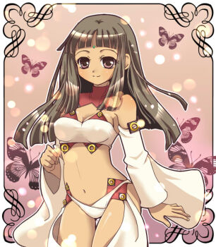 1girl bad_id bad_pixiv_id bare_shoulders bindi black_eyes black_hair blunt_bangs breasts bug bustier butterfly chaps cleavage_cutout clothing_cutout covered_erect_nipples dark-skinned_female dark_skin detached_sleeves female_focus insect long_hair long_sleeves looking_at_viewer lu_afrarn medium_breasts navel panties smile solo soraneko_(artist) summon_night summon_night_2 turtleneck underwear wide_sleeves