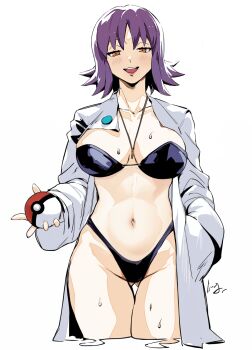 1girl breasts brown_eyes cleavage club3 collarbone hand_in_pocket highleg highleg_one-piece_swimsuit highres jewelry large_breasts md5_mismatch navel necklace nintendo one-piece_swimsuit professor_ivy pokemon pokemon_(anime) pokemon_(classic_anime) purple_hair resolution_mismatch revision solo source_smaller swimsuit teeth thighs upper_teeth_only wet