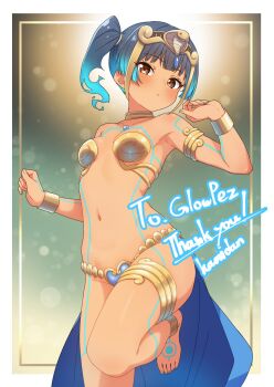 1girl alternate_costume ancient_egyptian_clothes anklet armlet artist_name barefoot black_hair blue_hair body_markings bracer breasts brown_eyes chest_jewel commentary_request commission cosplay dancer_shantae dancer_shantae_(cosplay) fiery_hair gradient_hair highres jewelry kamidan loli looking_at_viewer multicolored_hair navel neck_ribbon outside_border parted_lips revealing_clothes ribbon sena_(xenoblade) shantae shantae_(series) side_ponytail skeb_commission small_breasts solo standing standing_on_one_leg stomach thank_you thighlet white_background xenoblade_chronicles_(series) xenoblade_chronicles_3