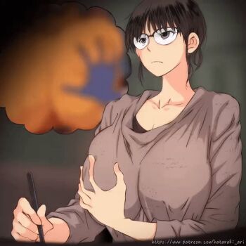 1girl animated animated_gif black_shirt breasts brown_hair brown_shirt drawing glasses grabbing_own_breast hataraki_ari huge_breasts imagining multitasking original shirt