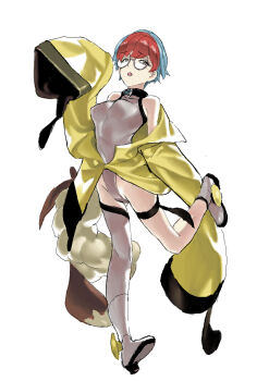 1girl backpack bag blue_hair boots breasts commentary cosplay eevee eevee_backpack full_body gen_1_pokemon glasses grey_leotard grey_thighhighs hand_up highleg highleg_leotard highres impossible_clothes impossible_leotard iono_(pokemon) iono_(pokemon)_(cosplay) jacket leotard long_sleeves looking_at_viewer multicolored_hair nintendo nobita_(makoto7060355) off_shoulder open_mouth oversized_clothes partially_unzipped penny_(pokemon) pokemon pokemon_sv red_hair round_eyewear short_hair simple_background single_thighhigh skin_tight sleeves_past_fingers sleeves_past_wrists small_breasts solo standing standing_on_one_leg thigh_strap thighhighs two-tone_hair white_background white_boots yellow_jacket