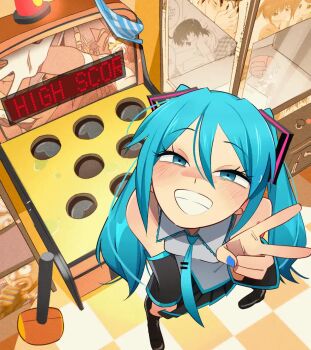 1girl alarm_siren animated blue_eyes blue_hair blue_necktie boota_(ttgl) character_doll crane_game detached_sleeves doll fatass_teto_(meme) from_above grin hatsune_miku highres implied_masturbation kamina_(ttgl) kasane_teto kasane_teto_(utau) khyle. kinnikuman kinnikuman_(character) kissxsis long_hair looking_at_viewer looping_animation mallet meme nail_polish necktie panties skirt smile standing striped_clothes striped_panties stuffed_toy suggestive_fluid suminoe_ako suminoe_riko tagme tengen_toppa_gurren_lagann tile_floor tiles twintails underwear unworn_panties utau v video vocaloid whac-a-mole