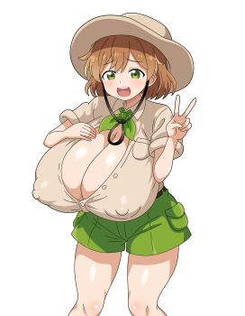 Rule 34 | 1girl, absurdres, breasts, brown hat, brown shirt, budding expeditioner (pokemon), cleavage, covered erect nipples, cowboy shot, genderswap, genderswap (mtf), green eyes, green shorts, hat, highres, hitokiwa kenchin, huge breasts, nintendo, open mouth, pokemon, pokemon tcg, shirt, short sleeves, shorts, simple background, smile, solo, standing, teeth, thighs, tongue, unbuttoned, unbuttoned shirt, upper teeth only, v, white background