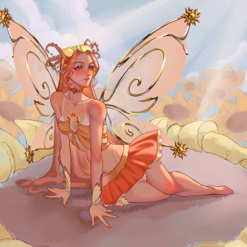 1girl absurdres animification barbie:_fairytopia barbie_(franchise) barbie_fairytopia:_magic_of_the_rainbow bare_shoulders bikini_tan blush breasts choker eyewear_on_head fairy fairy_wings flower highres long_hair luverihu mini_person minigirl miniskirt skirt small_breasts solo sunburst_(barbie) sunflower sunglasses tan tanline wings y2k_fashion