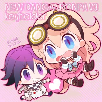 1boy 1girl antenna_hair artist_name black_boots black_gloves blonde_hair blue_bow blue_eyes boots bow chasing checkered_clothes checkered_scarf chibi chibi_only commentary_request copyright_name danganronpa_(series) danganronpa_v3:_killing_harmony eyelashes fingerless_gloves gloves goggles goggles_on_head grin heart iruma_miu long_hair long_sleeves nogaki_suzume oma_kokichi open_mouth pants pink_shirt pink_skirt purple_eyes purple_hair purple_shoes scared scarf shirt shoes short_hair skirt smile teeth v-shaped_eyebrows white_pants white_shirt