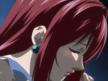 00s 1girl 2002 animated animated_gif bedroom bible_black bible_black_night_of_the_walpulgiss book earrings jewelry lipstick long_hair makeup mature_female purple_eyes red_hair red_lips shirt solo tagme takashiro_hiroko teacher white_shirt