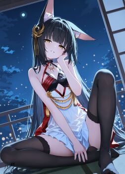 1girl animal_ears azur_lane bare_shoulders black_thighhighs blush breasts clothing_cutout cutout_above_navel dress fox_ears fox_girl hair_ornament highres honyara-san jacket long_hair looking_at_viewer nagato_(azur_lane) nagato_(meta)_(azur_lane) night no_shoes see-through_clothes see-through_dress sitting sky sleeveless small_breasts smile solo star_(sky) starry_sky thighhighs two-tone_bra white_dress yellow_eyes yellow_jacket