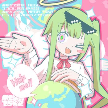 1girl blush_stickers camellia_(musician) commentary_request earth_(planet) english_text eyewear_on_head fang globe green_hair halo highres indie_utaite long_hair long_sleeves movin6! nanahira one_eye_closed planet purple_eyes red_ribbon ribbon sazunamo shirt side_ponytail single_blush_sticker smile solo sparkle speech_bubble sunglasses translation_request utaite variant_set very_long_hair white_shirt