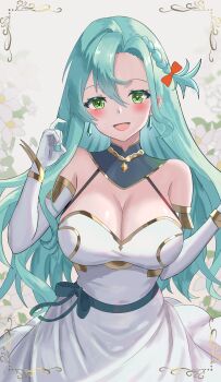 1girl absurdres aqua_hair bare_shoulders braid breasts chloe_(fire_emblem) cleavage dress earrings elbow_gloves fire_emblem fire_emblem_engage gloves green_eyes highres jewelry large_breasts long_hair looking_at_viewer nintendo side_braid smile solo tarutaru193 teardrop_earrings very_long_hair white_dress white_gloves