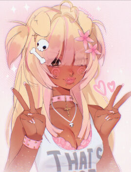 1girl aegyo_sal ahoge animal_earrings animal_ears animal_print artist_name blonde_hair blunt_ends bra bra_peek breasts brown_eyes choker chromatic_aberration cleavage commentary cross cross_choker cross_earrings dark-skinned_female dark_skin dog_ears dog_girl double_v drawn_heart earrings english_commentary eyelashes eyes_visible_through_hair face_piercing fang fang_out fingernails flower four-pointed_star gold_earrings gold_piercing gradient_hair hair_flower hair_ornament hair_over_eyes hair_over_shoulder halftone heart heart_ahoge highres jewelry leopard_print light_blush light_particles light_smile long_fingernails long_hair looking_at_viewer medium_breasts milestone_celebration misa_(noisykoala) mouth_piercing multicolored_hair necklace noisykoala nose_piercing nose_ring original outer_glow outline pearl_necklace piercing pink_background pink_bra pink_choker pink_flower pink_nails pink_outline pink_streaks sketch skull_necklace spiked_choker spikes tank_top thick_lips two-tone_hair two_side_up underwear upper_body v white_tank_top