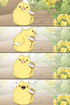 animal_focus baby_animal bird chick chicken commentary_request eggshell_hat flower light_blush no_humans original plant string_phone ugebeso yellow_flower