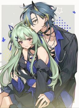 1boy 1girl bare_shoulders blue_hair blush choker dress green_hair hair_ornament horns jacket jewelry long_sleeves looking_at_viewer multicolored_hair non-web_source off_shoulder original shirt sitting smile yuanyunyu_3y