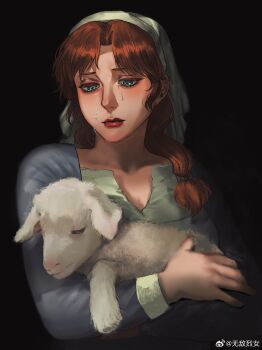 Rule 34 | 1girl, absurdres, alternate costume, animal, black background, blue eyes, borderline7839, chinese commentary, commentary request, crying, family guy, hair over shoulder, headscarf, highres, holding, holding animal, lipstick, lois griffin, long hair, low-tied long hair, makeup, orange hair, red lips, sheep, solo, tears, upper body, watermark, weibo watermark, white headscarf