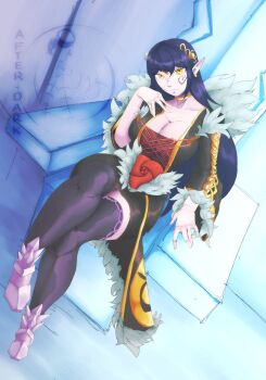 1girl black_dress blue_background bonelass breasts choker circlet cleavage commentary dark_queen_(sonic) dress earrings english_commentary facial_mark fur-trimmed_dress fur_trim gold_earrings gold_trim highres jewelry large_breasts long_hair looking_at_viewer merlina_(sonic) pointy_ears purple_hair purple_thighhighs shoes sitting_on_throne solo sonic_(series) sonic_and_the_black_knight stud_earrings thighhighs throne watermark white_shoes yellow_eyes