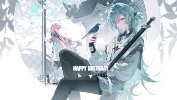 2girls absurdres animal animal_on_hand architecture bird bird_on_hand black_pants blue_hair branch chinese_clothes closed_mouth dress east_asian_architecture fingernails floating_hair happy_birthday highres kunjiao long_hair long_sleeves looking_at_animal looking_at_another mandarin_collar multiple_girls one_eye_covered original pants pink_hair red_eyes screentones sheath sitting swept_bangs very_long_hair