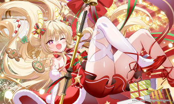 1girl ;d arm_up bare_shoulders bell blonde_hair bow box braid breasts candy candy_cane christmas claudia_(twinkle_star_knights) commentary_request diamond-shaped_pupils diamond_(shape) dress fangs floating_hair food fur_trim gift gift_box gingerbread_man hair_between_eyes hair_intakes highres holding horns indoors long_hair looking_at_viewer official_art one_eye_closed open_mouth piyopoyo pleated_dress purple_eyes red_bow red_dress red_shoes shoes single_thighhigh small_breasts smile solo striped_bow symbol-shaped_pupils thighhighs twinkle_star_knights very_long_hair white_thighhighs